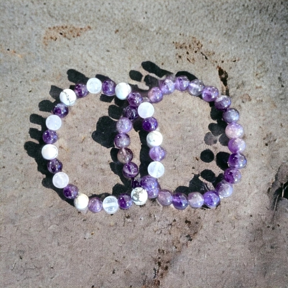 Set of 2 Amethyst Bracelets - 8mm Stretch Beads with Howlite & Selenite